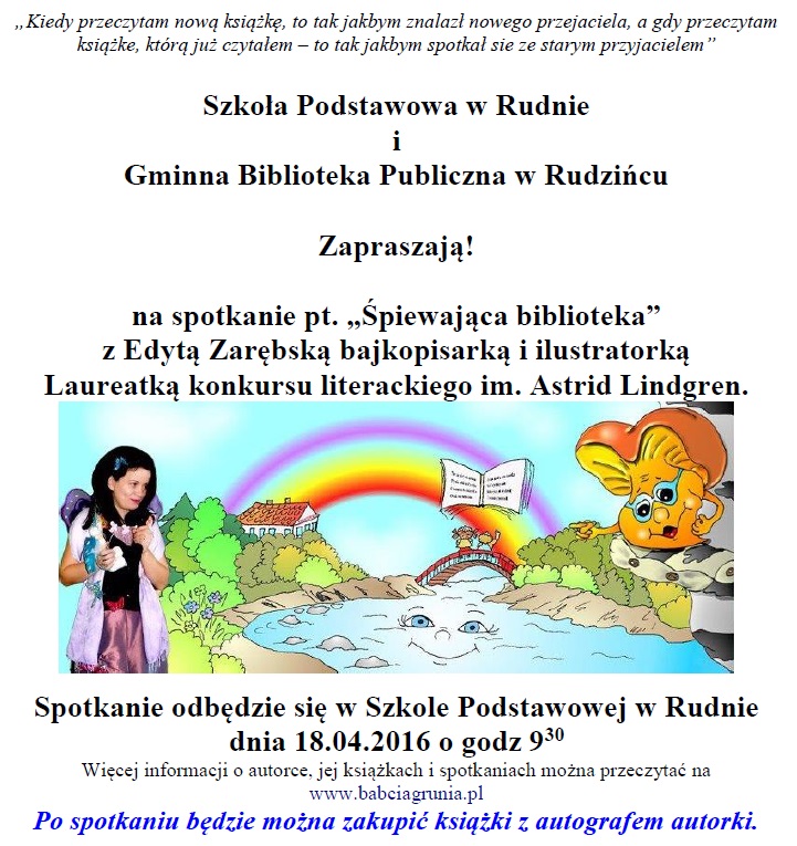Plakat informujący o spotkaniu z Edytą Zarębską - bajkopisarka i ilustratorką