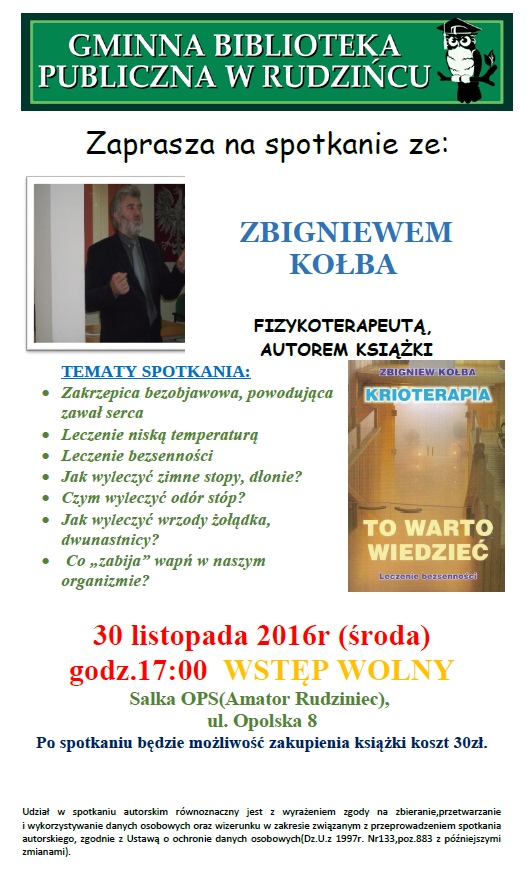 Obrazek informujący o spotkaniu ze Zbigniewem Kołba - 30 Listopada 2016 o godzinie 17